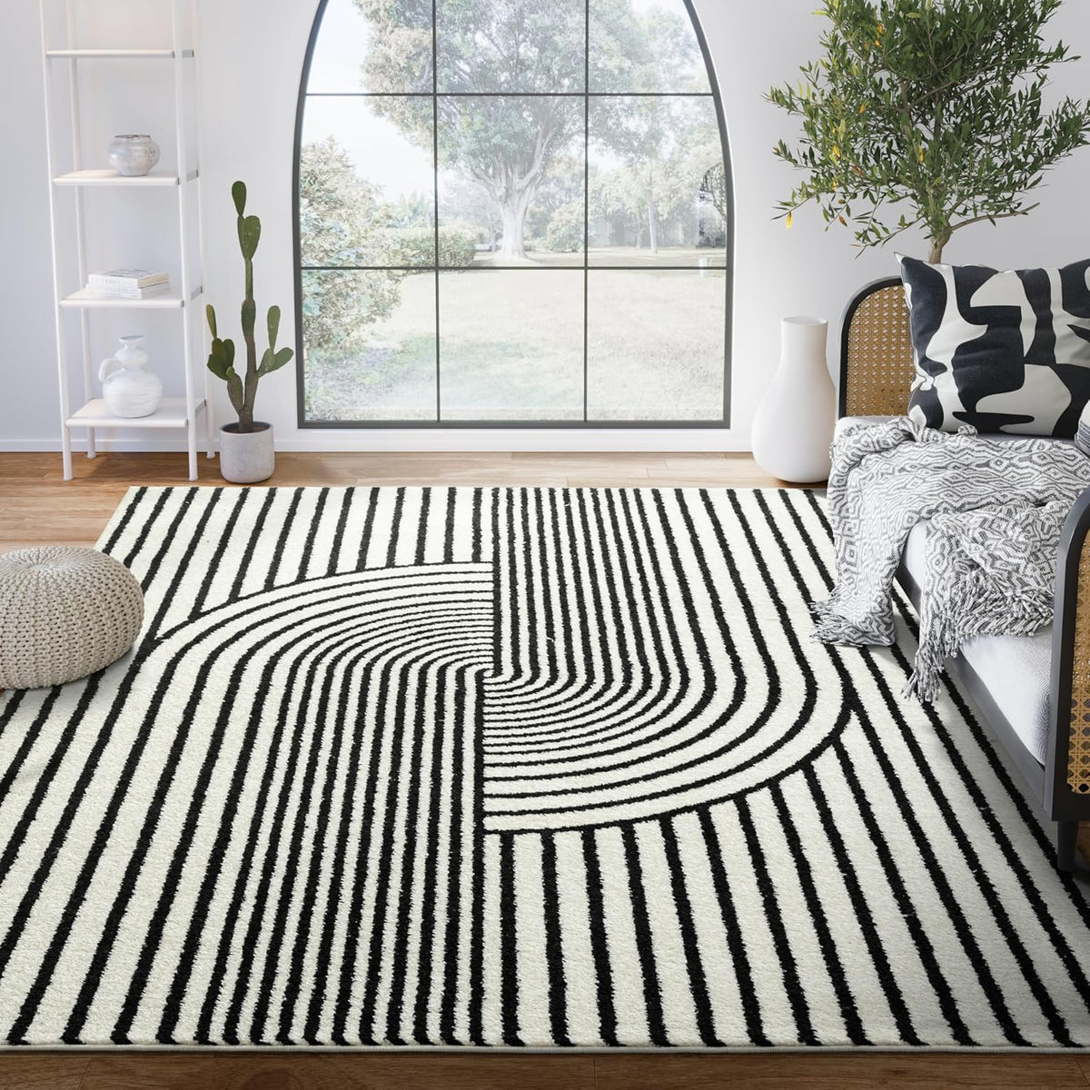 Abani Nuevo Collection Area Rug - Mid-Century Black and White Arch Knot Design - 8' x 10' - for