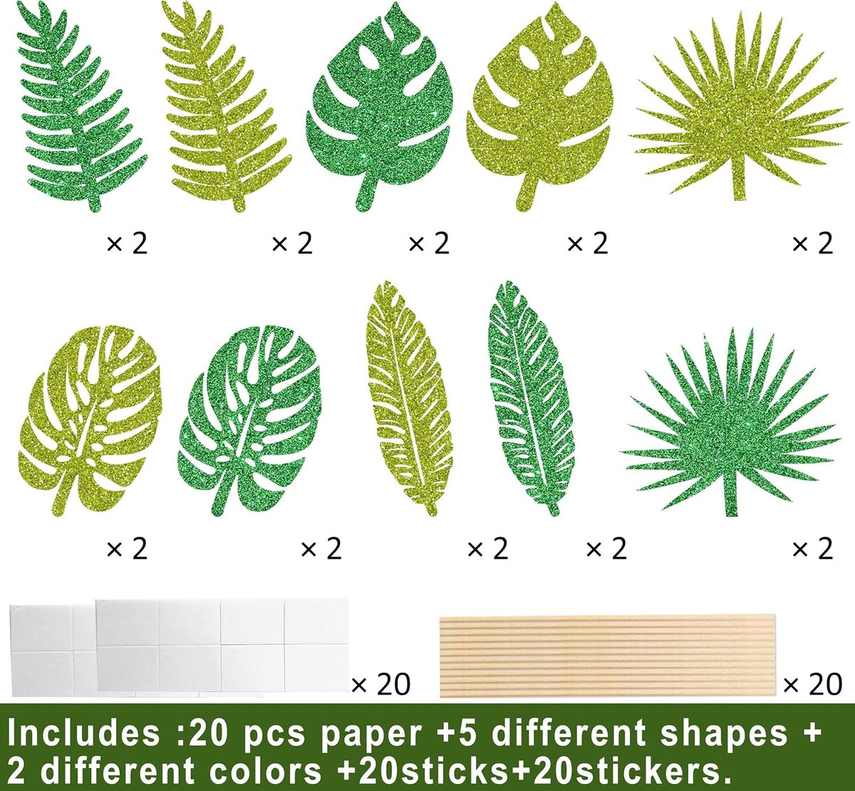 20pcs Glitter Tropical Leaves Centerpiece Decorations for Table Green Palm Leaf Theme Centerpiece