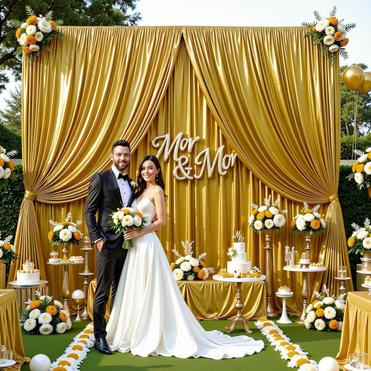 Golden Brown Satin Backdrop Curtains 2 Panels - Glitter Photo Drapes for Baby Shower, 10x10FT
