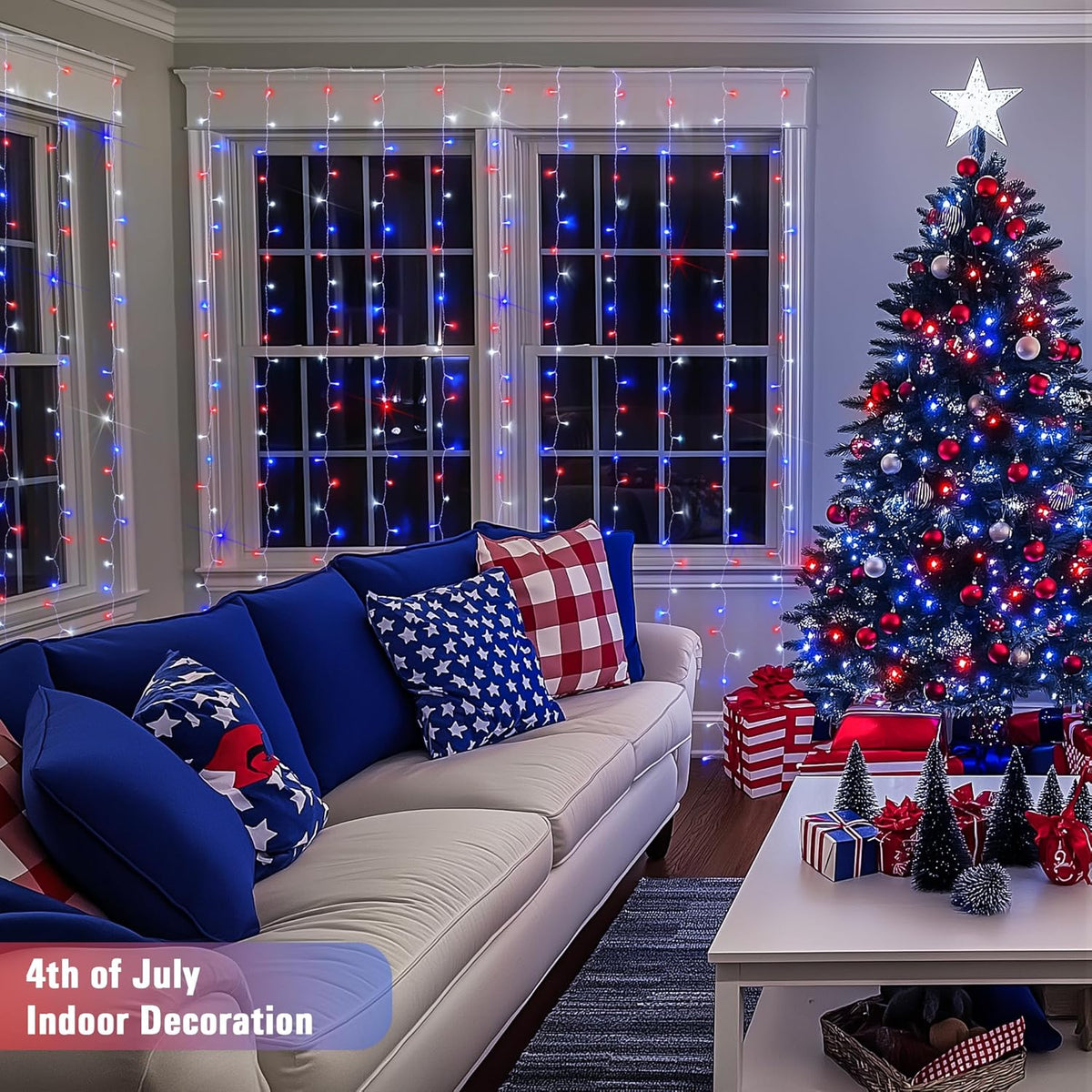 JMEXSUSS 300LED Red White and Blue Lights with Remote, 4th of July Lights Plug in, Patriots Curtain
