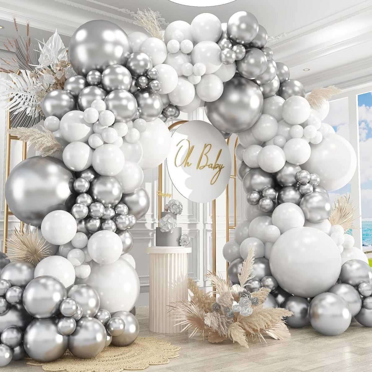 412Pcs White and Silver Balloons Arch Kit, 18 12 10 5 Inch White Metallic Silver Latex Balloon for