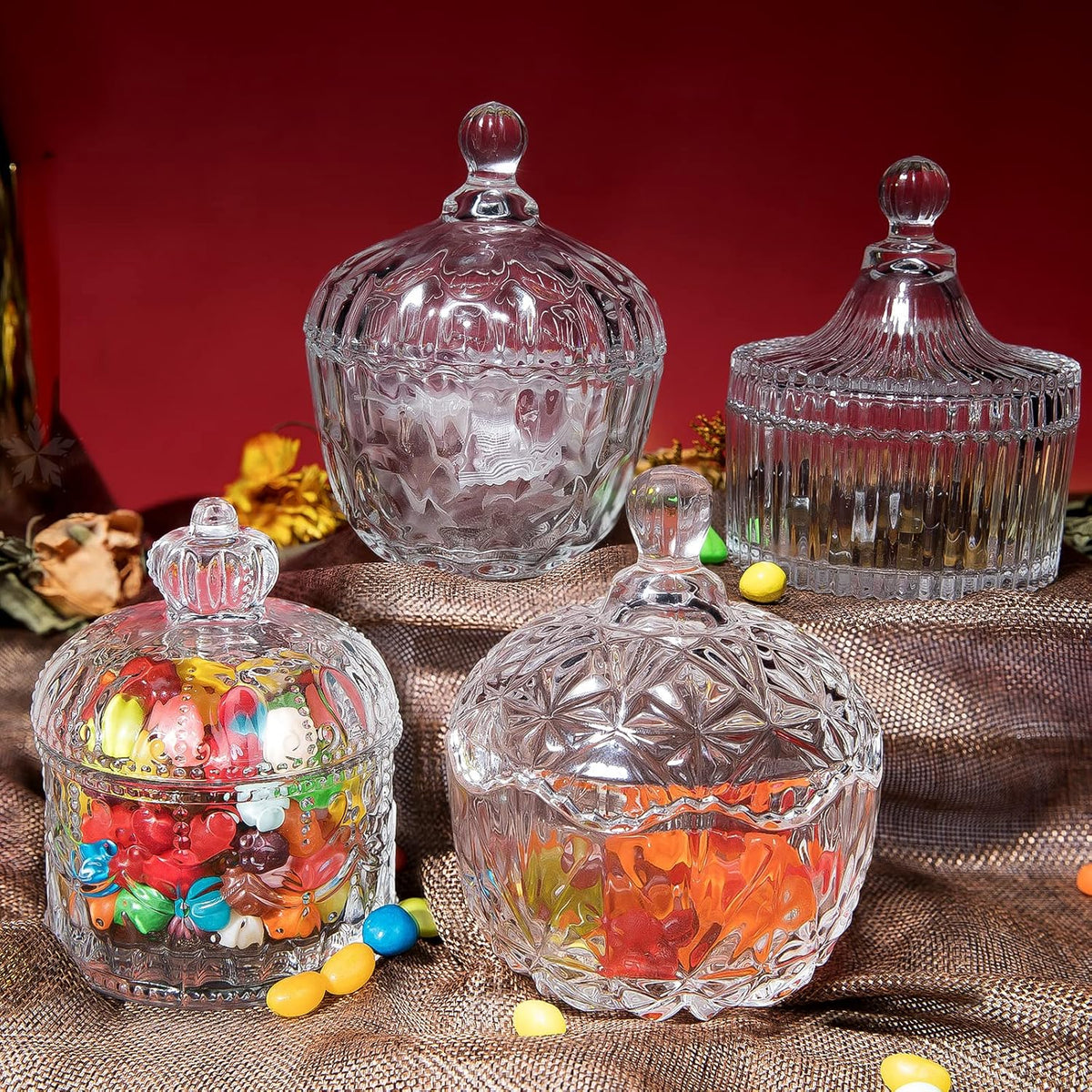 INFTYLE Glass Candy Dish with Lid Set of 4 Crystal Glass Candy Jar Jewelry Box Dappen Dish Cookie
