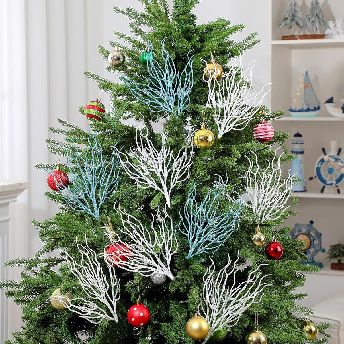 8 Pcs Blue White Coastal Ornaments for Christmas Tree 15.7inch Glitter Coral Beach Ocean Spray Pick