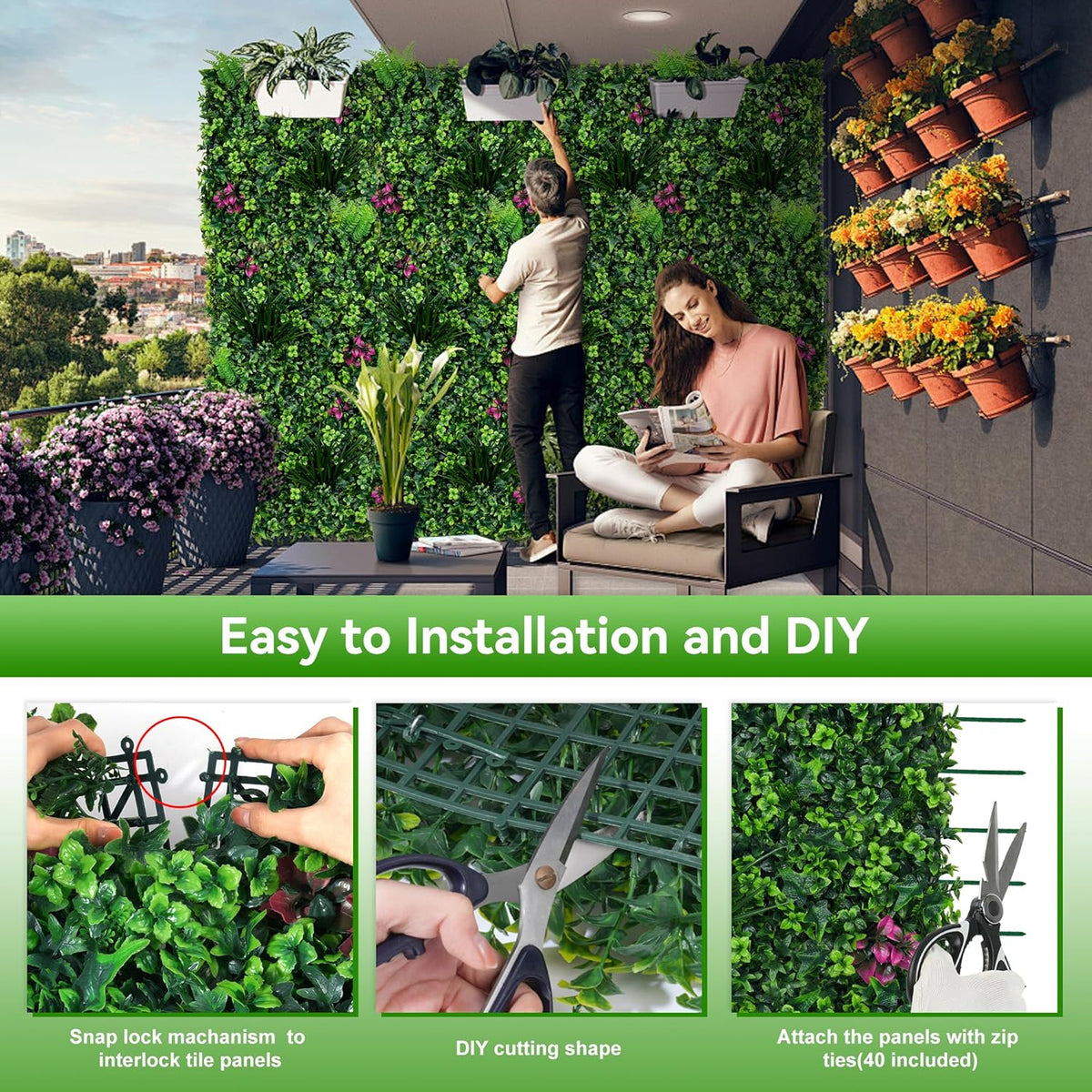 Artificial Grass Wall Panels, 20"x20" 16pcs Grass Backdrop Wall with Mint Plant Leaves, UV-Anti