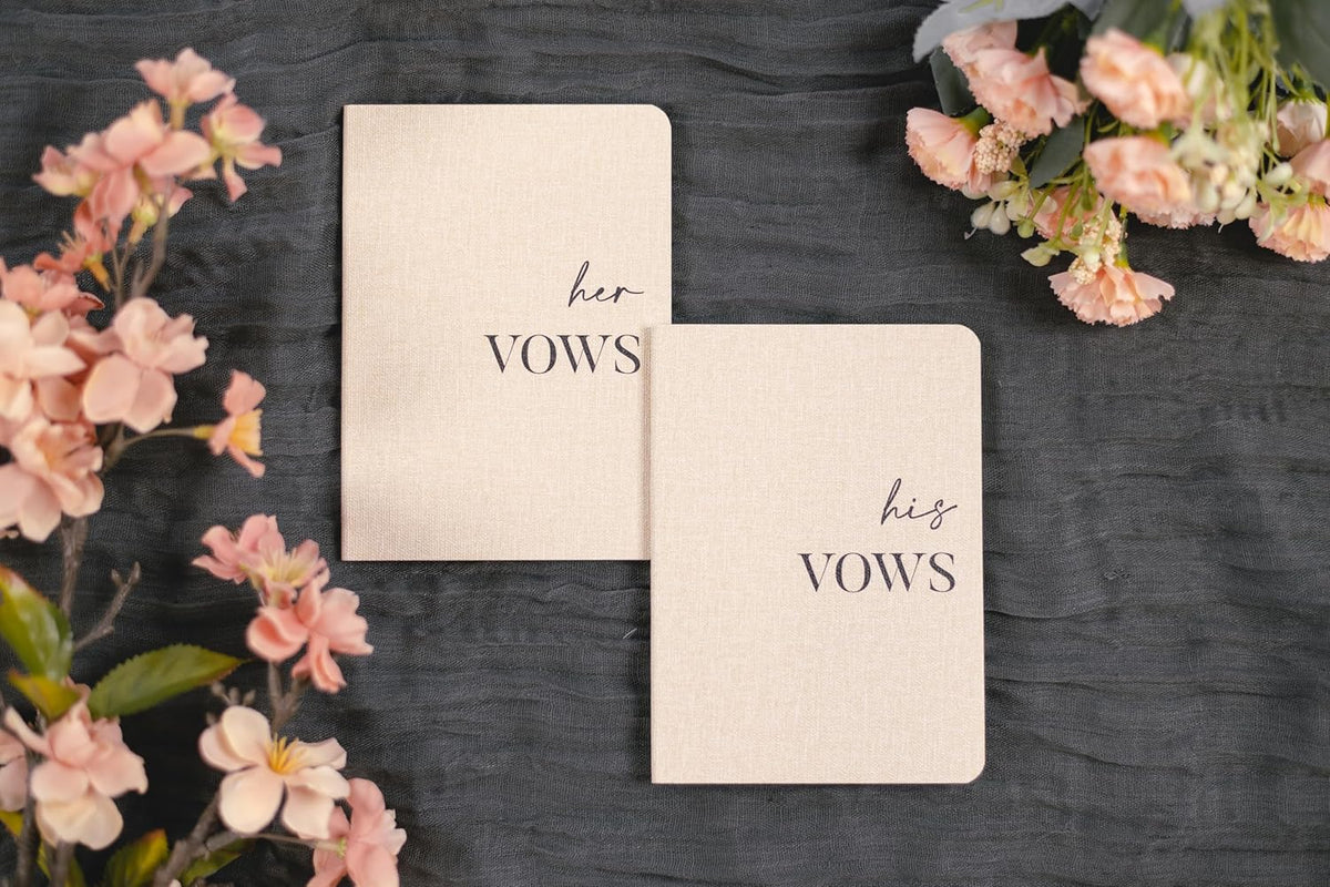 Slim Vow Books (Set of 2 - Design 1) - Soft Cream Canvas Linen Textured Cover Wedding Vow Booklets