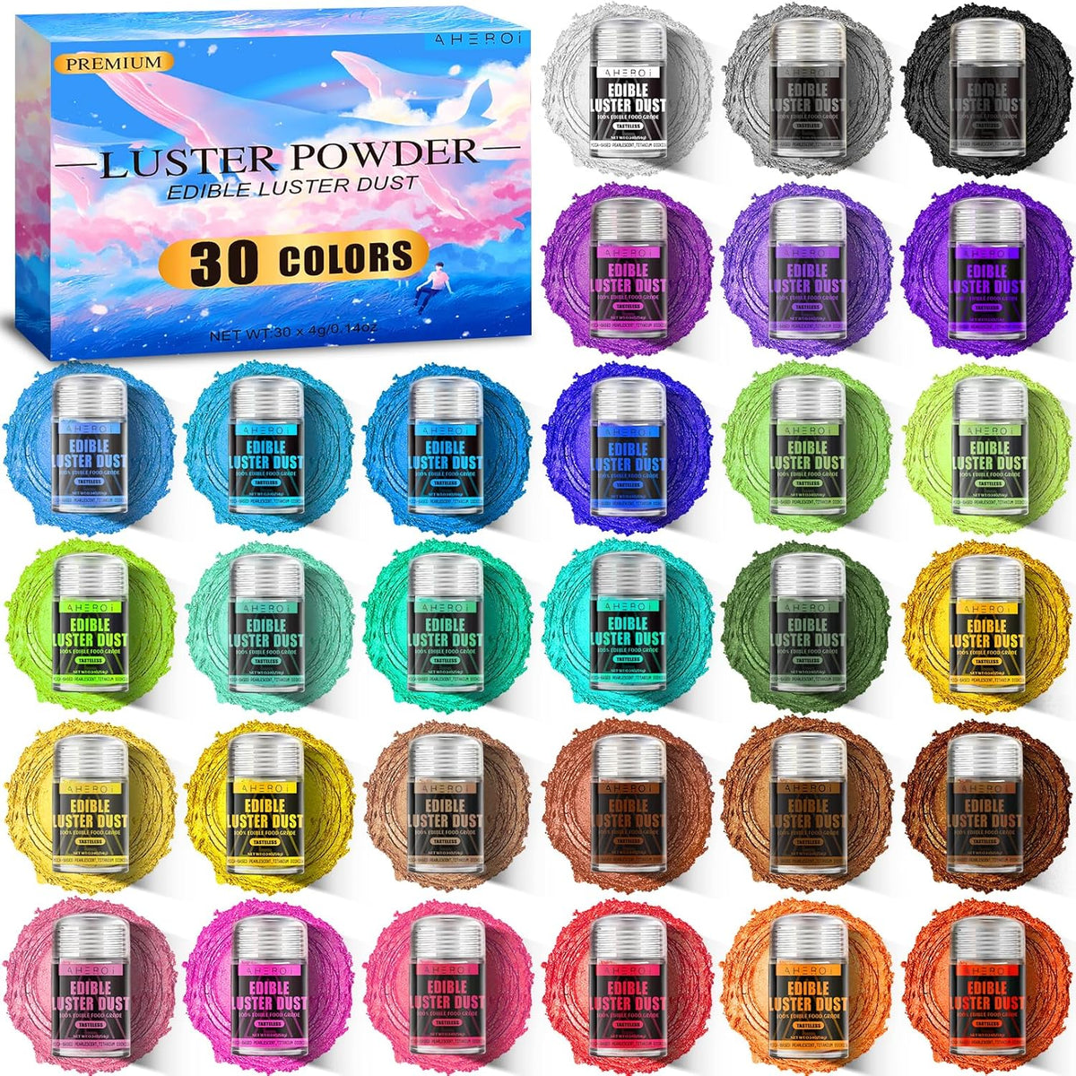 Aheroi Edible Glitter, 30 Colors Luster Dust Edible Glitter Pack for Drinks, Food Glitter Edible