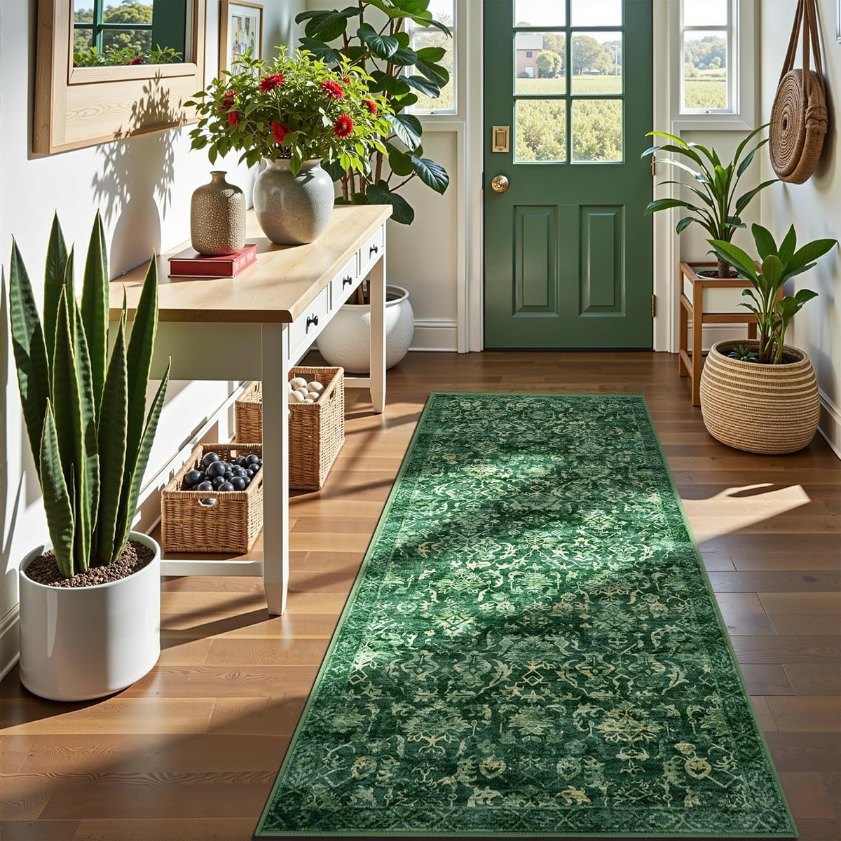 Dark Green 3x7 Runner Rug for Hallways Bed Side Kitchen, Boho Washable Distressed Low-Pile Floor