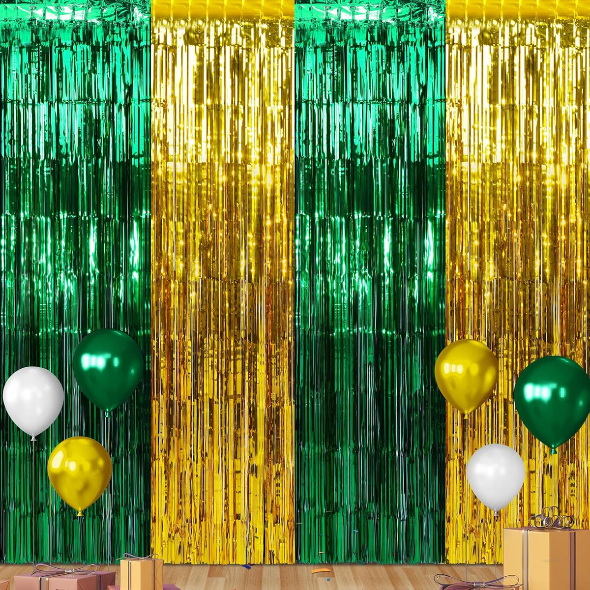 3Pack 3.3Ft x 6.6Ft Graduation Foil Fringe Curtain Backdrop Decorations, Green Gold Metallic Tinsel