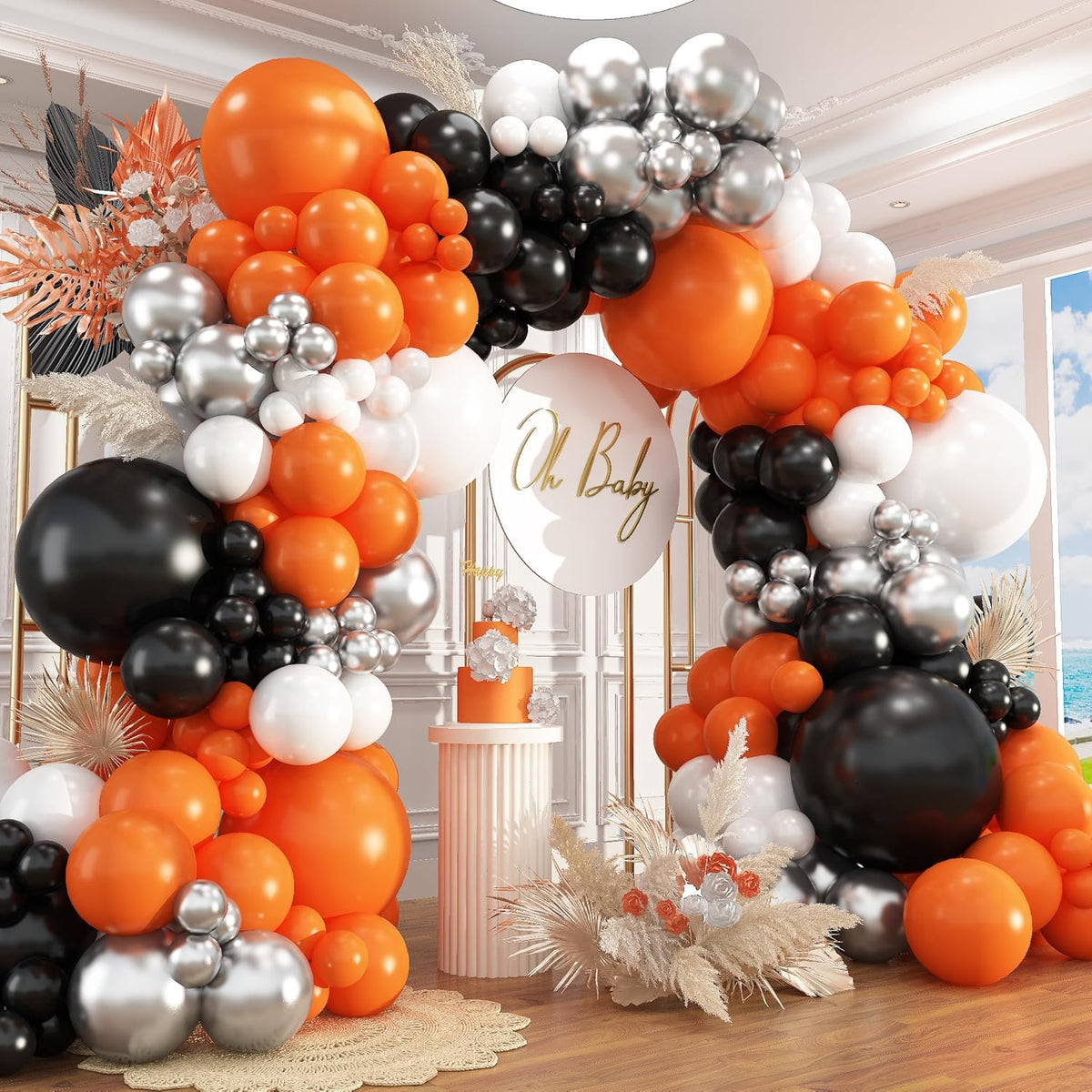 412Pcs Orange and Black Balloon Arch Kit, 18 12 10 5 Inch Different Size Orange Black White