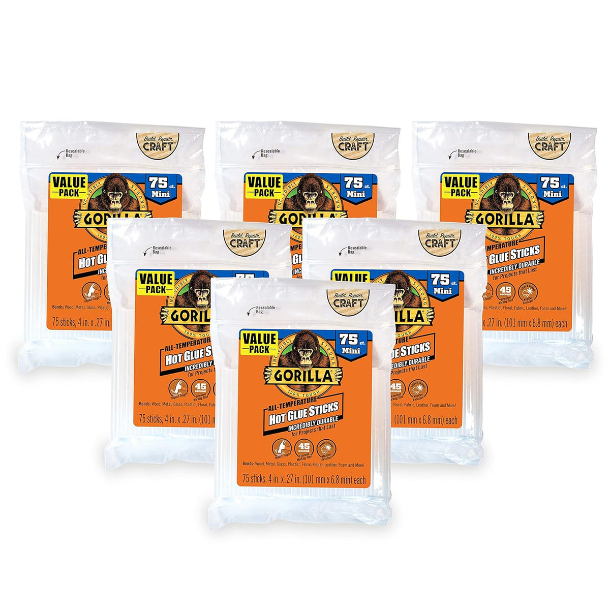 Gorilla Hot Glue Sticks, Clear Glue, Mini Size 4" Long x 0.27" Diameter, 75 Count (Pack of 6)