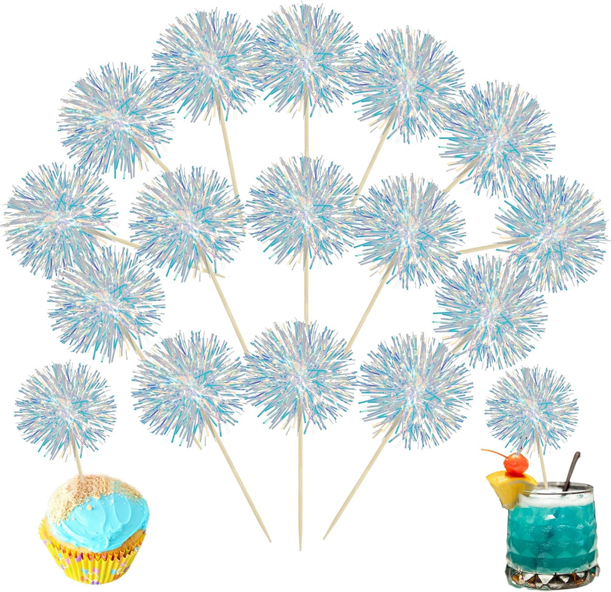 Ephlyn 30Pcs Foil Firework Cupcake Toppers Sparkle Tinsel Cupcake Picks Drink Stirrers Cocktail