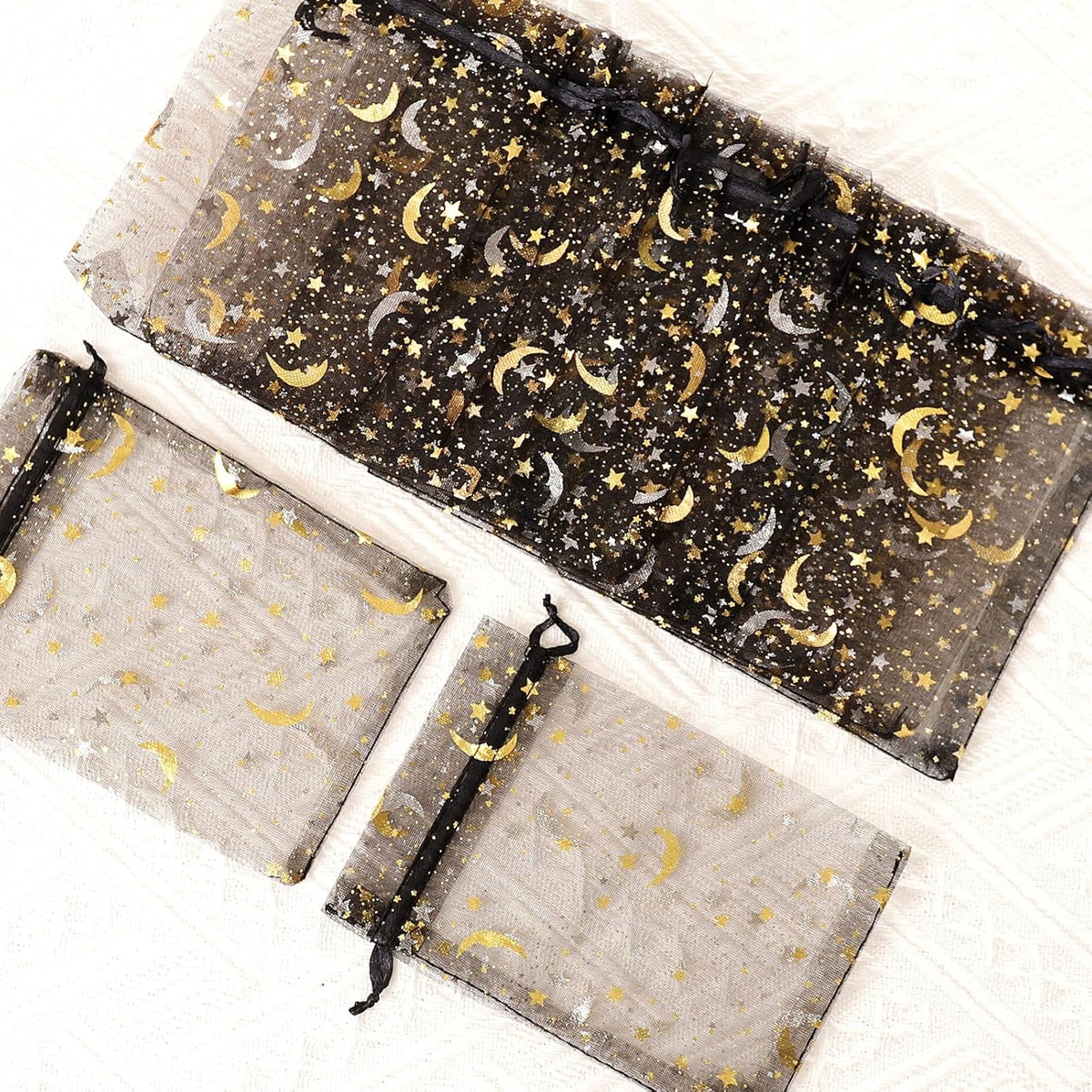 100PCS Moon Star Organza Bags - 4x6" Wedding Favors with Drawstring, Black Organza Gift Pouch for