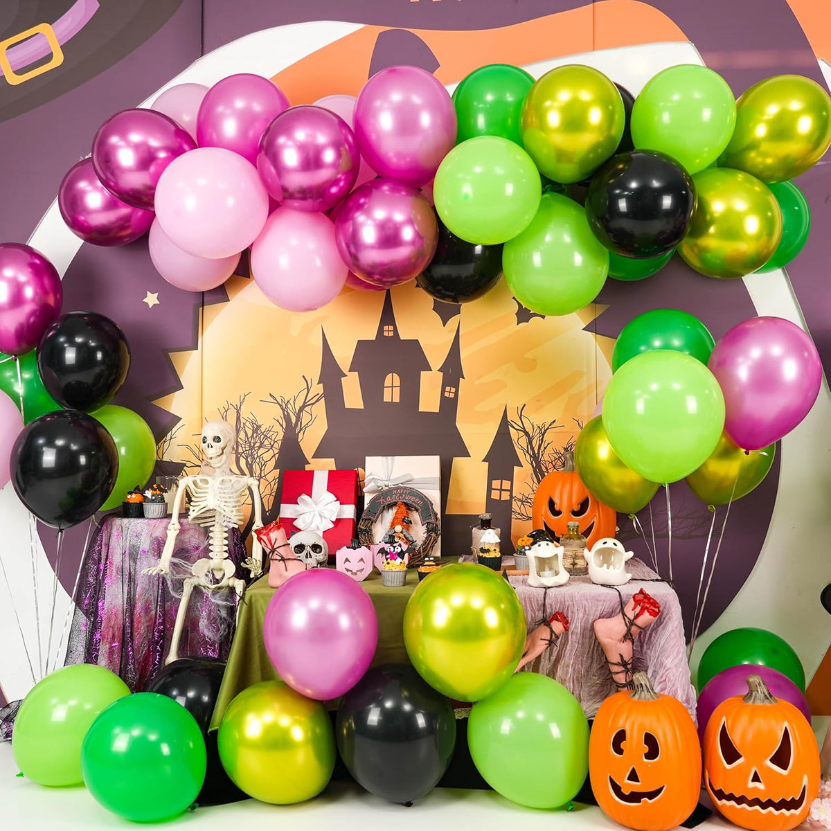 60PCS Black Pink Green Balloons, Hot Pink Dark Light Green Black Latex Balloon, Metallic Red Witch