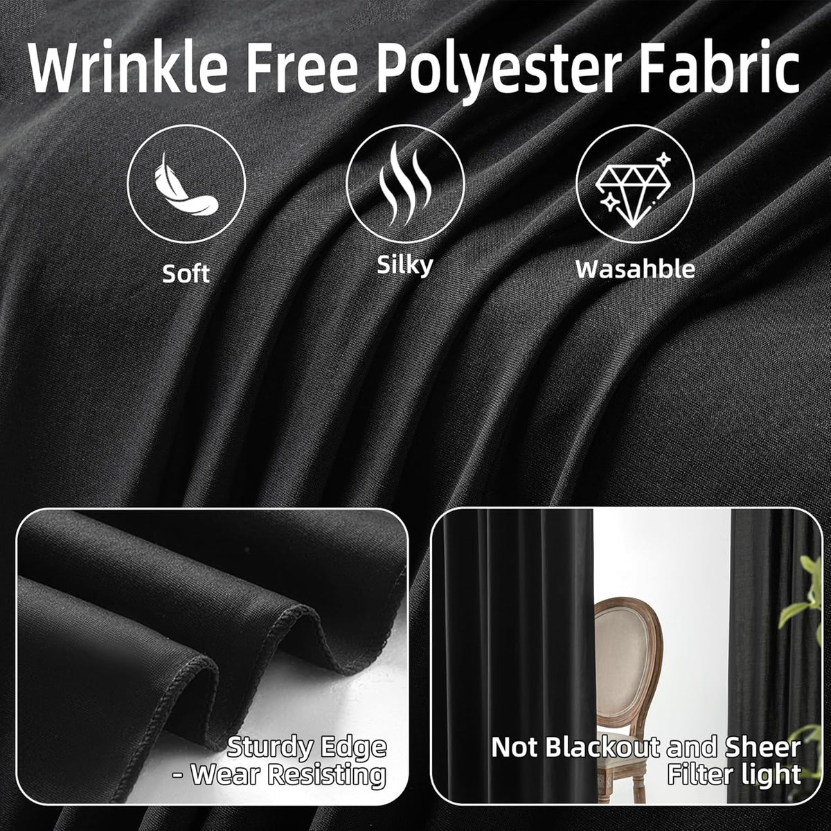 10ft×9ft Black Backdrop Curtain, Wrinkle Free Thick Polyester Drapes for Backdrop, 2 Panels 5ft x
