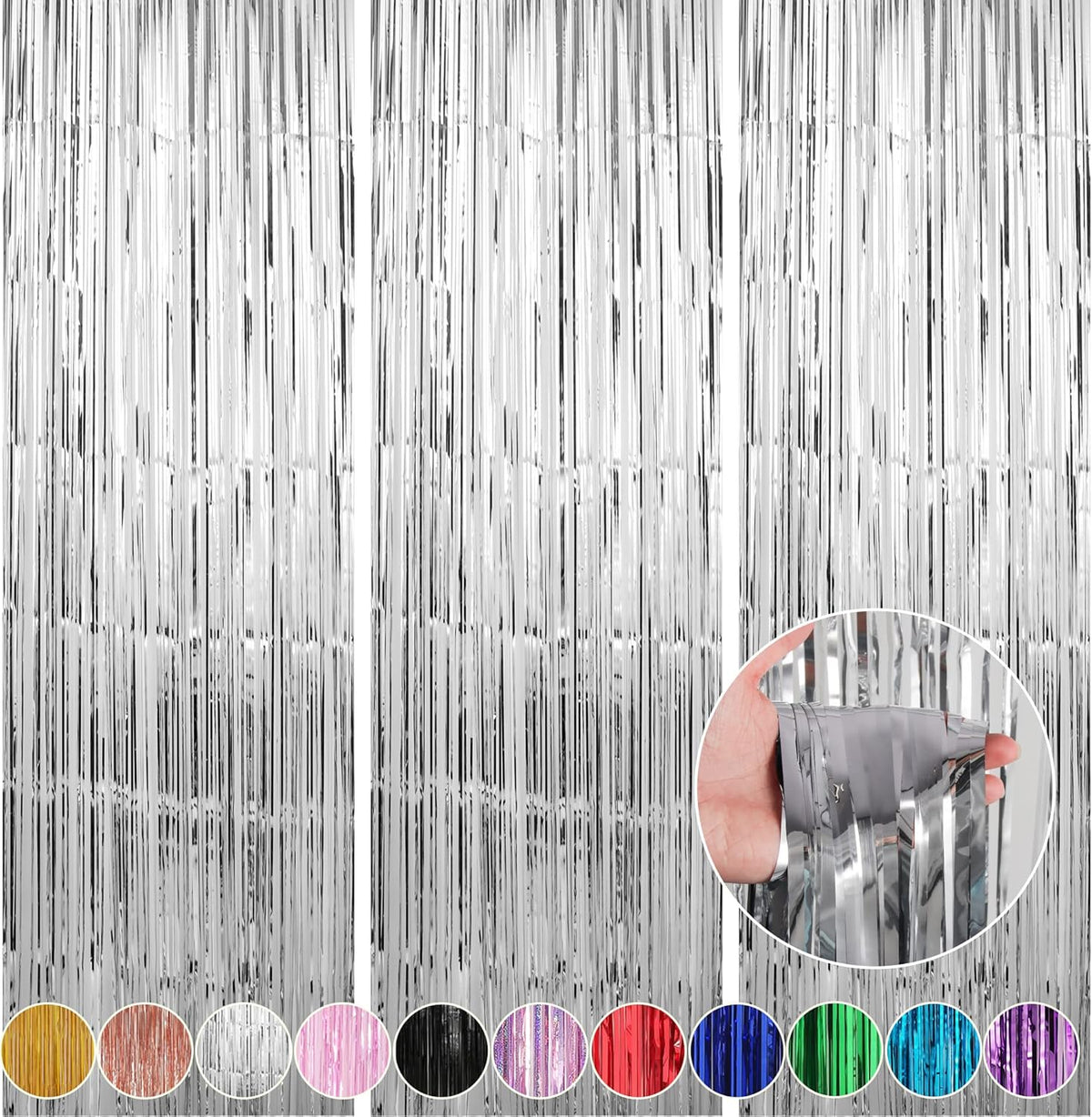 Crosize 7 Pack 3.3 x 9.9 ft Silver Foil Fringe Backdrop Curtain, Streamer Backdrop Curtains