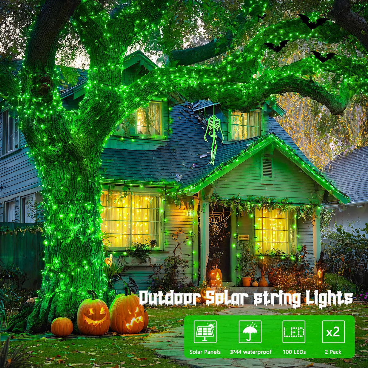 JMEXSUSS 2 Pack Green Solar Lights for Halloween, Each 100 LED 33 FT Green Christmas Lights Outdoor