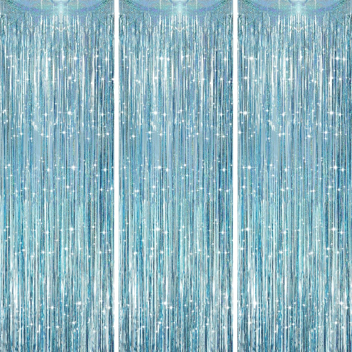 3 Pack 3.3 x 8.2 ft Laser Blue Foil Fringe Backdrop Curtains, Tinsel Streamers Party Decorations