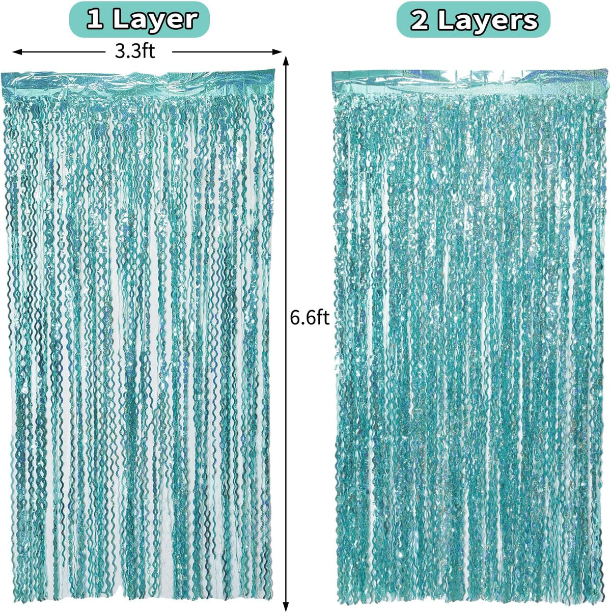 4 Pack 3.3 ft x 6.6 ft Wavy Sparkle Aqua Teal Blue Foil Curtain - Water Blue Foil Streamers for