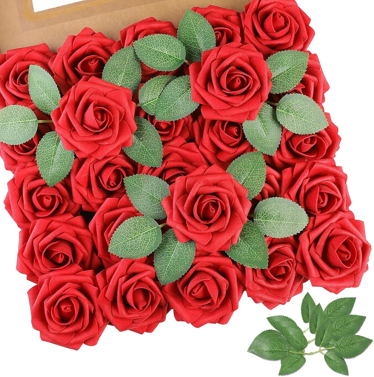 AmyHomie Artificial Flowers Red Rose 50pcs Real Looking Fake Roses w/Stem for DIY Wedding Bouquets