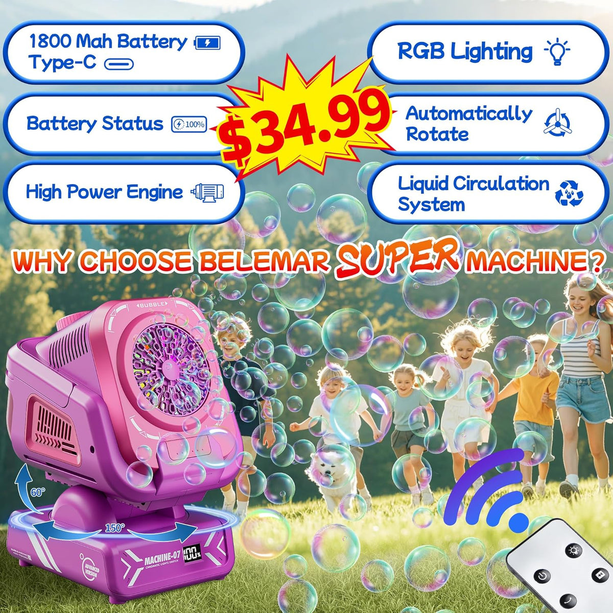 2025 Upgraded Bubble Machine with Remote Control, Automatic Rotation & RGB Lights, 1800mAh