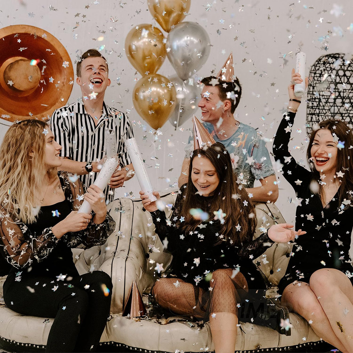 PrimePure Confetti Cannon Party Poppers - Holographic Silver Stars Confetti Popper & Streamer - 6