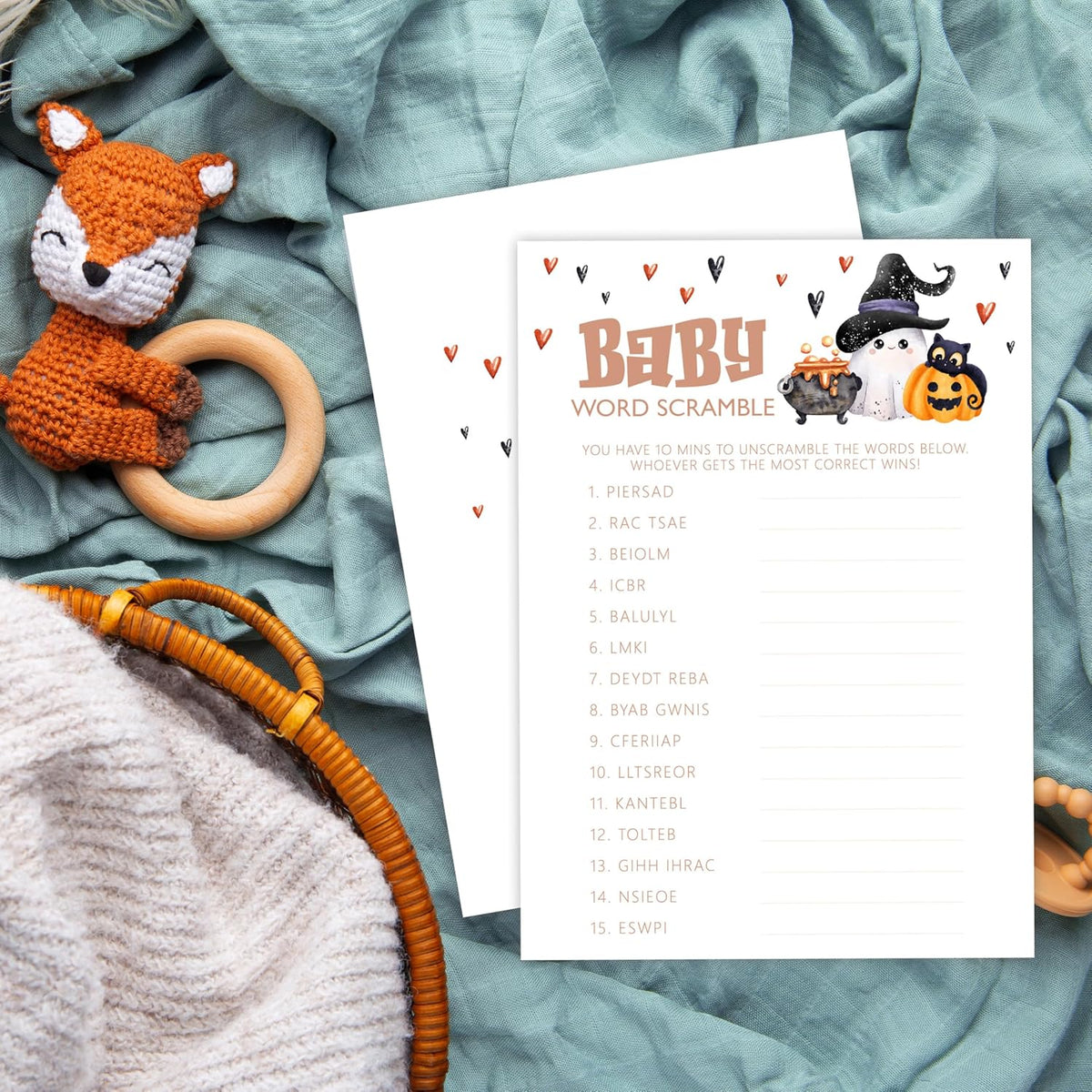 Baby Shower Games, Halloween Baby Word Scramble, 25 Double-Sided Game Cards + 1 Answer Card for