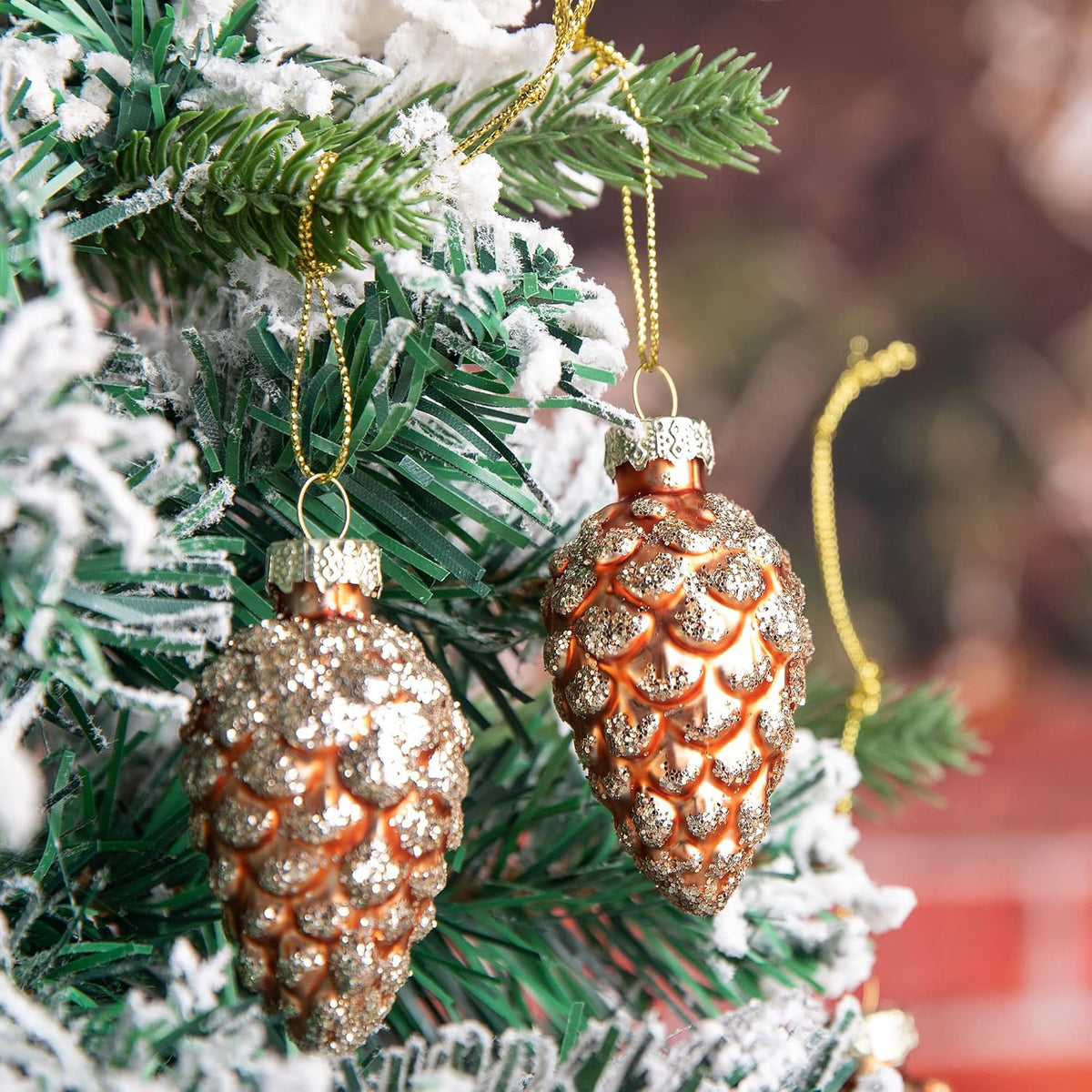 Watayo 12 Pcs Christmas Pinecone Glass Ornaments- Fall Hanging Pine Cone Painted Glass Ornaments