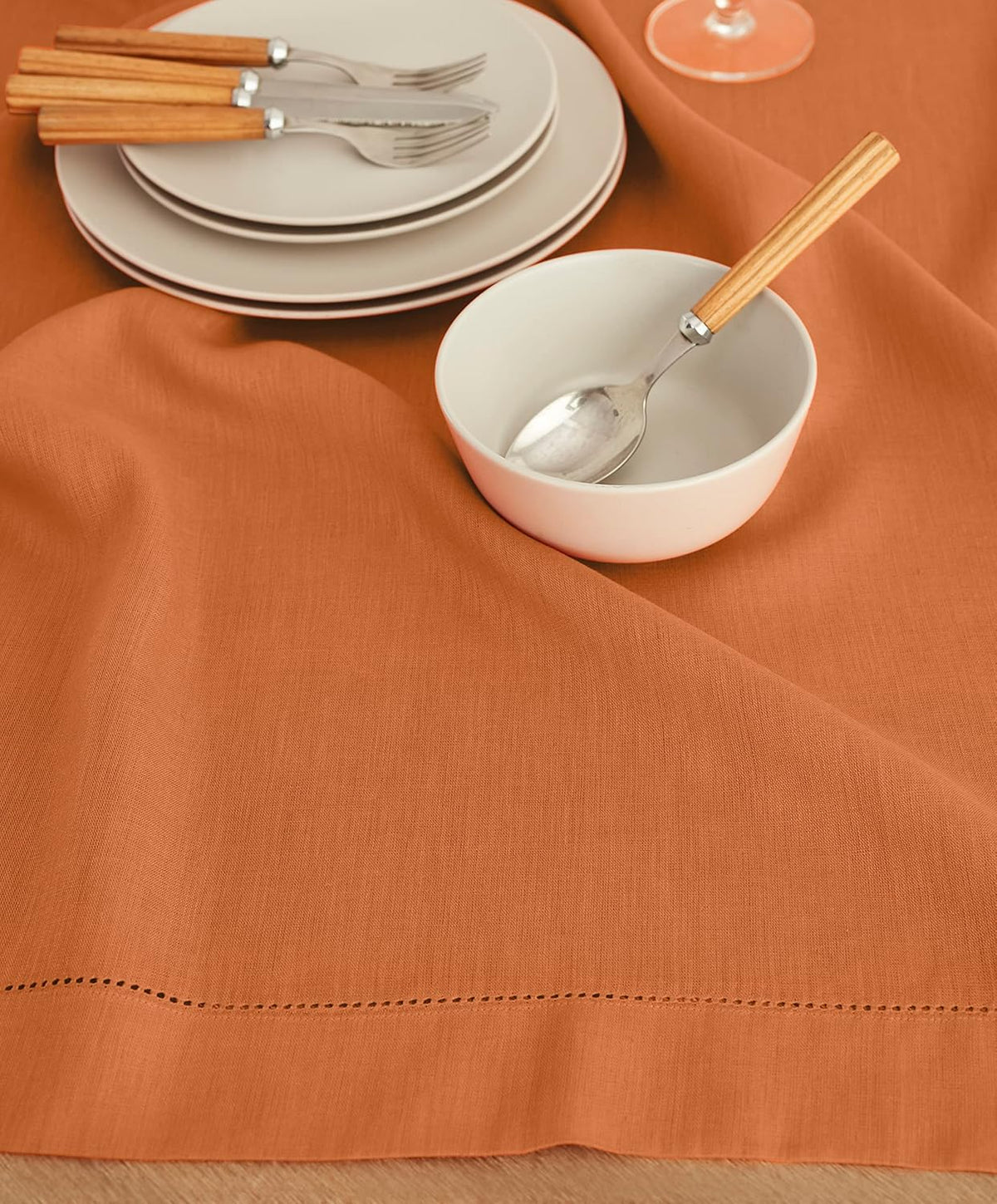 Solino Home Linen Square Tablecloth 52 x 52 Inch - 100% Pure Linen Pumpkin Table Throw - Classic