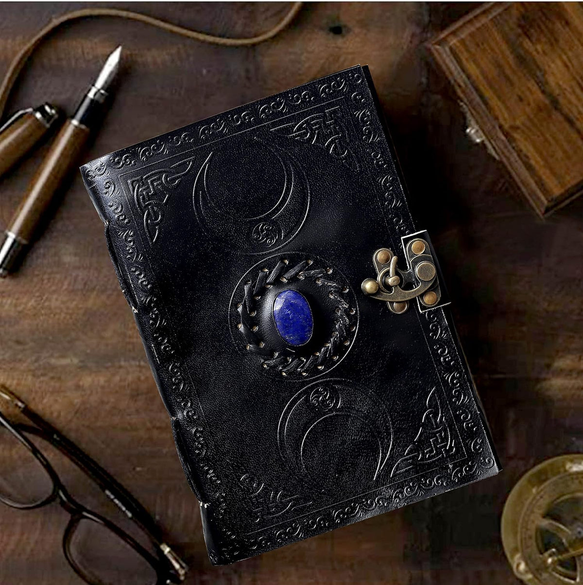 3 Moon Blue Lapiz Embossed Vintage Leather Journal | 240 Pages of Antique Handmade Deckle Edge