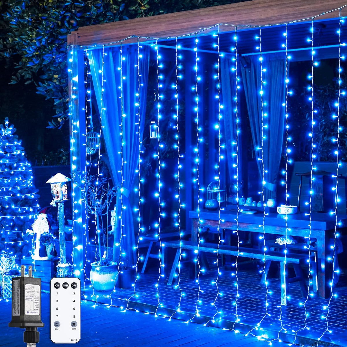 JMEXSUSS 300LED Christmas Curtain Lights, Blue Christmas Lights with Remote, Blue String Lights for