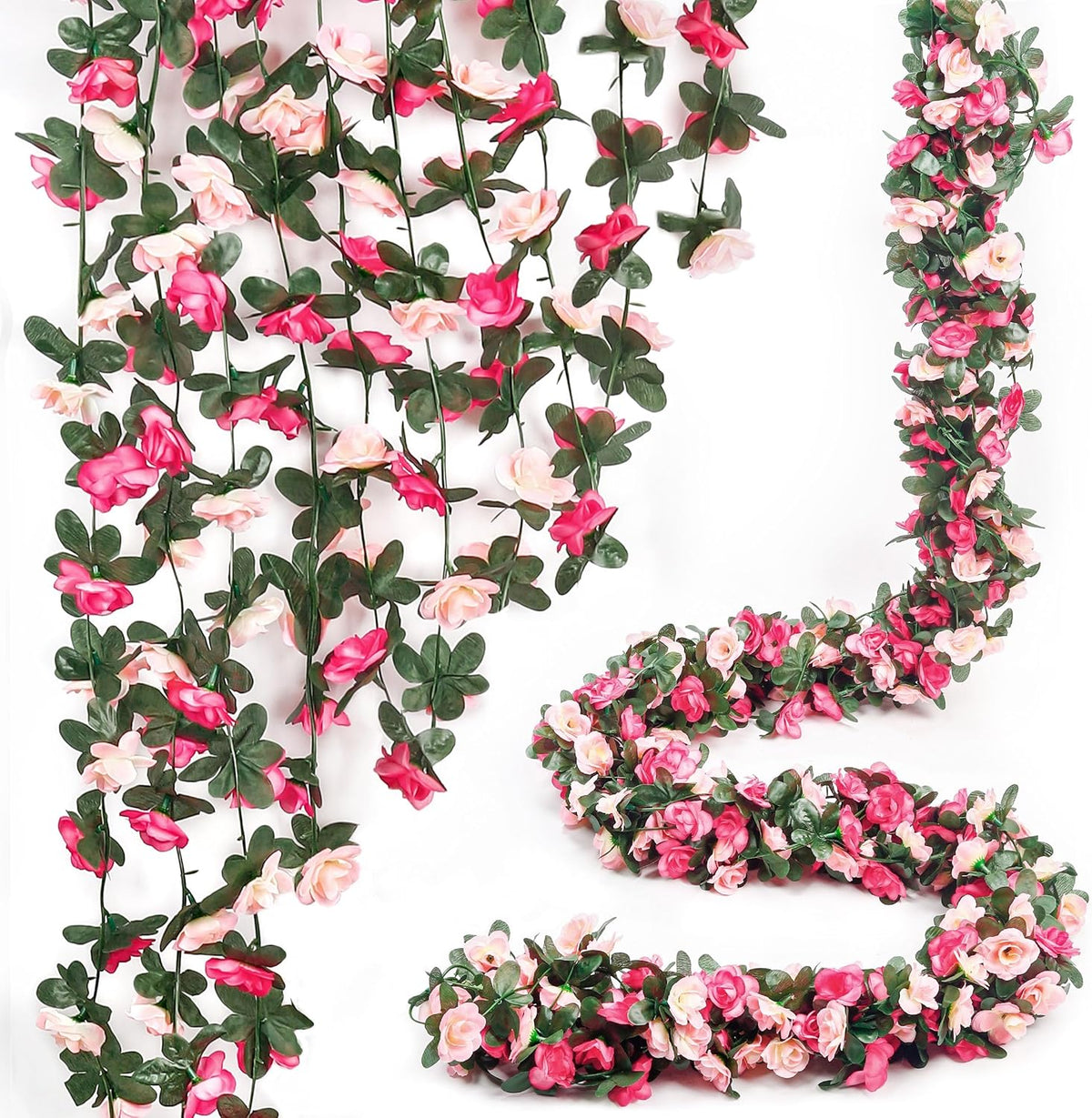 Miracliy 5Pcs 41FT Pink Flower Garland Artificial Rose Arch Vines Fake Spring Floral Garland for
