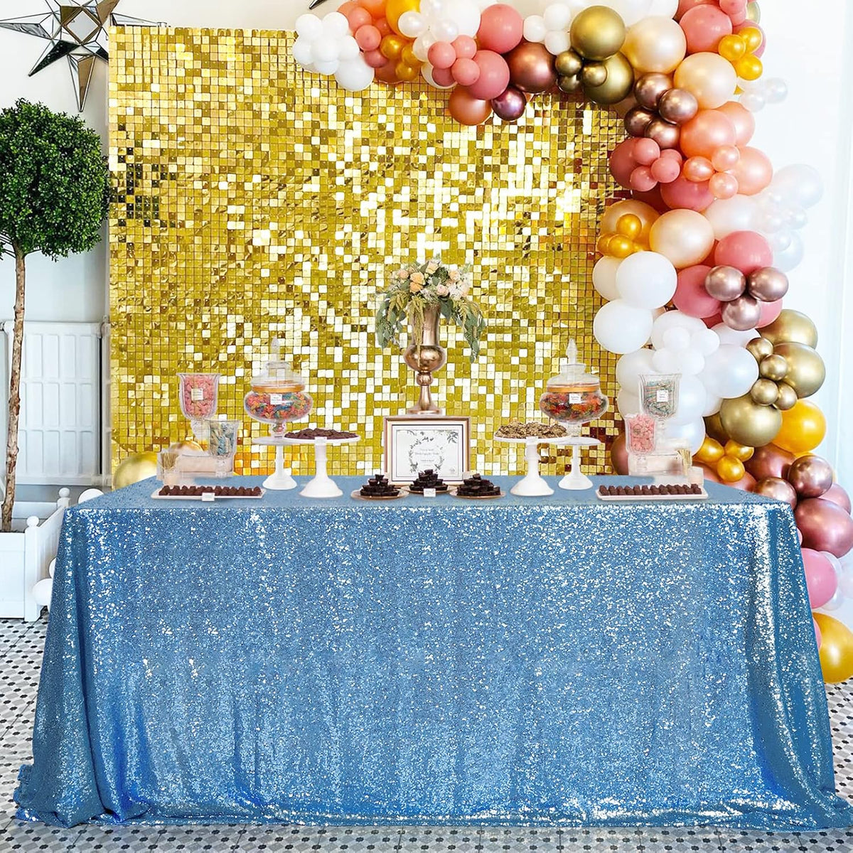 QueenDream Baby Blue Sequin Tablecloth 90x156 Inch Glitter Table Cloth for Baby Shower Birthday