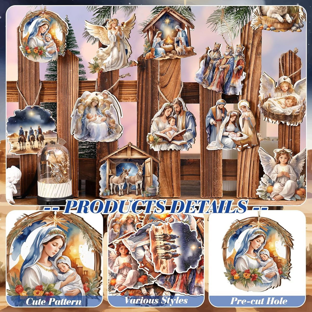 Suzile 36 Pcs Christmas Wooden Ornaments Nativity Ornaments Religious Christmas Decorations for