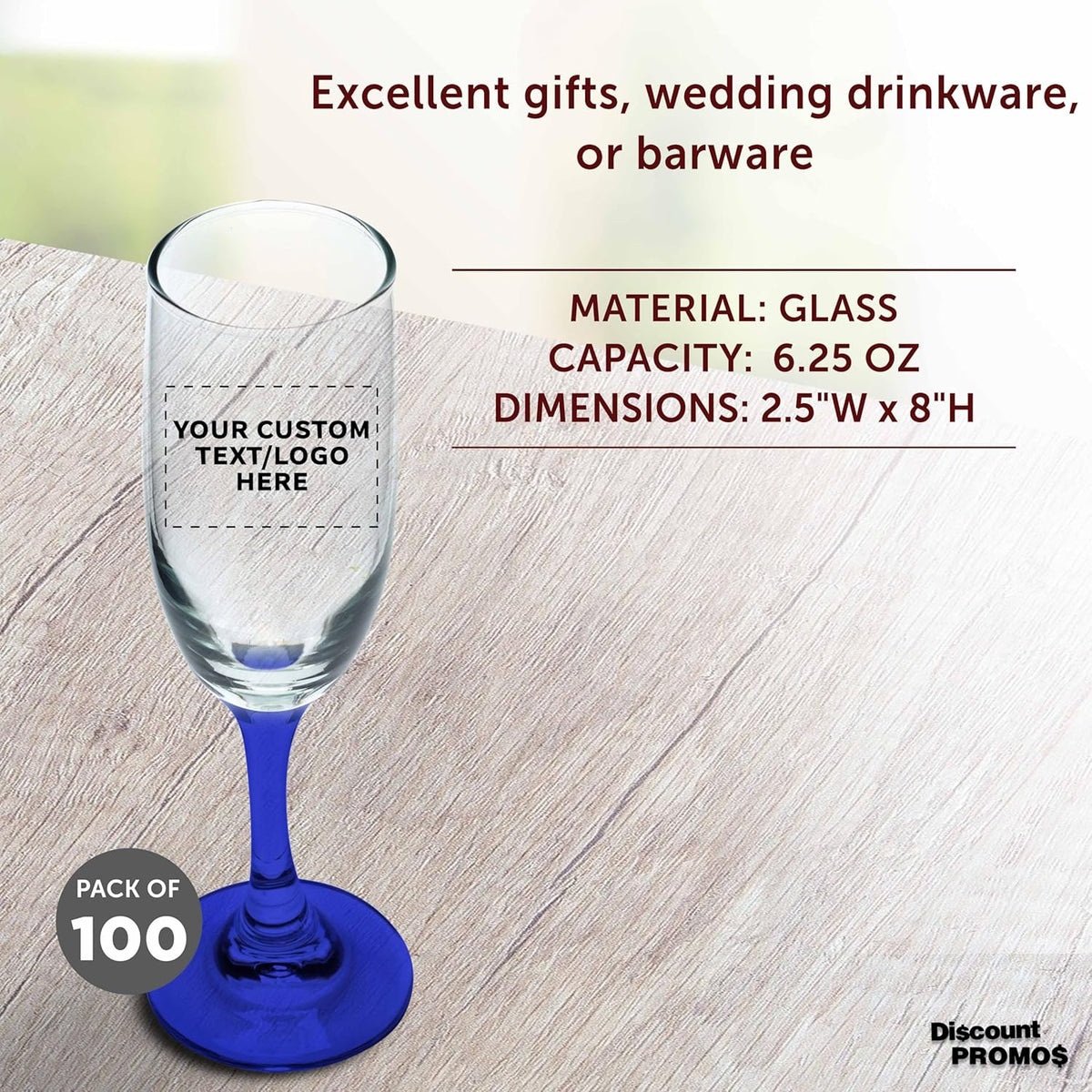 DISCOUNT PROMOS Custom Premiere Champagne Flutes 6.25 oz. Set of 100, Personalized Bulk Pack