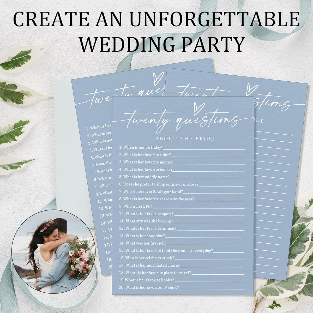 Fun Wedding Shower Games Cards, Twenty Questions About the Bride, Bridal Party Game and Favors for