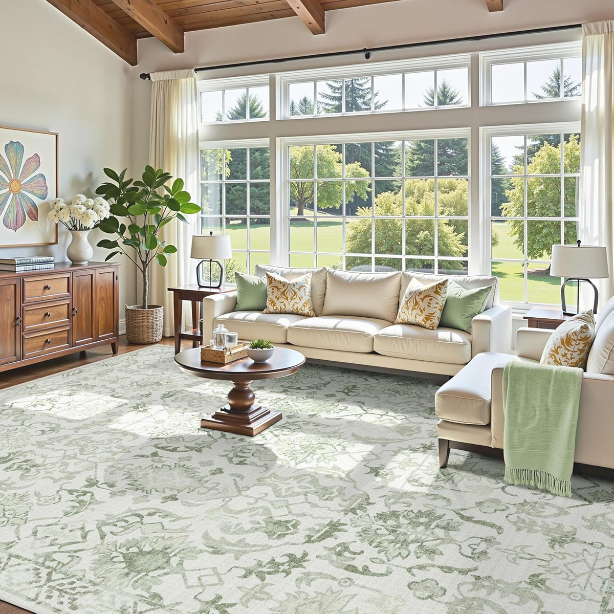 Sage Neutral Large Area Rug10x12 for Living Room, Washable Rug for Dining Room Bedroom, Anti-Slip