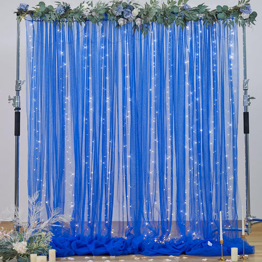 Royal Blue Backdrop Curtains with Lights String for Parites Wedding 10×8ft Sheer Tulle Backdrop