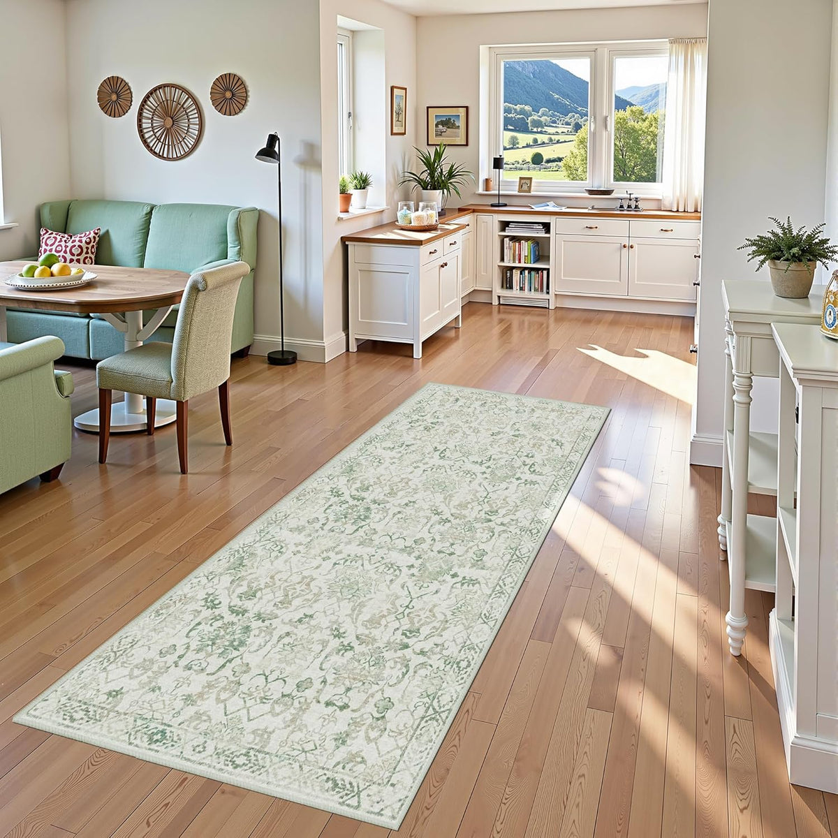 Green 3x7 Runner Rug for Hallways Bed Side Kitchen, Boho Washable Distressed Low-Pile Floor