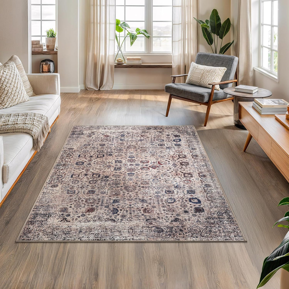 Bloom Rugs Washable Non-Slip 4' x 6' Rug - Light Tan/Blue Traditional Oriental Area Rug for Living