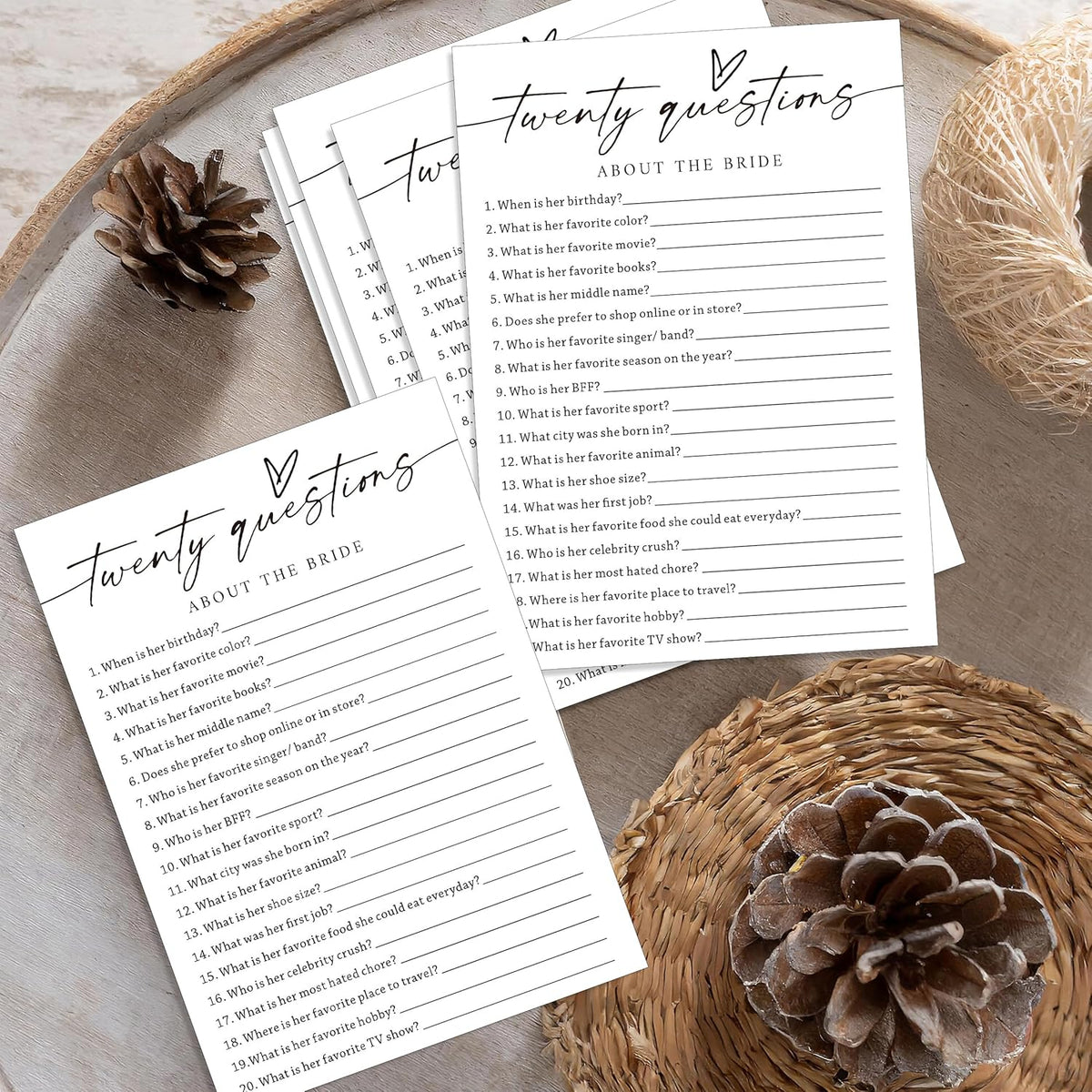 Fun Wedding Shower Games Cards, Twenty Questions About The Bride, Bridal Party Game and Favors for