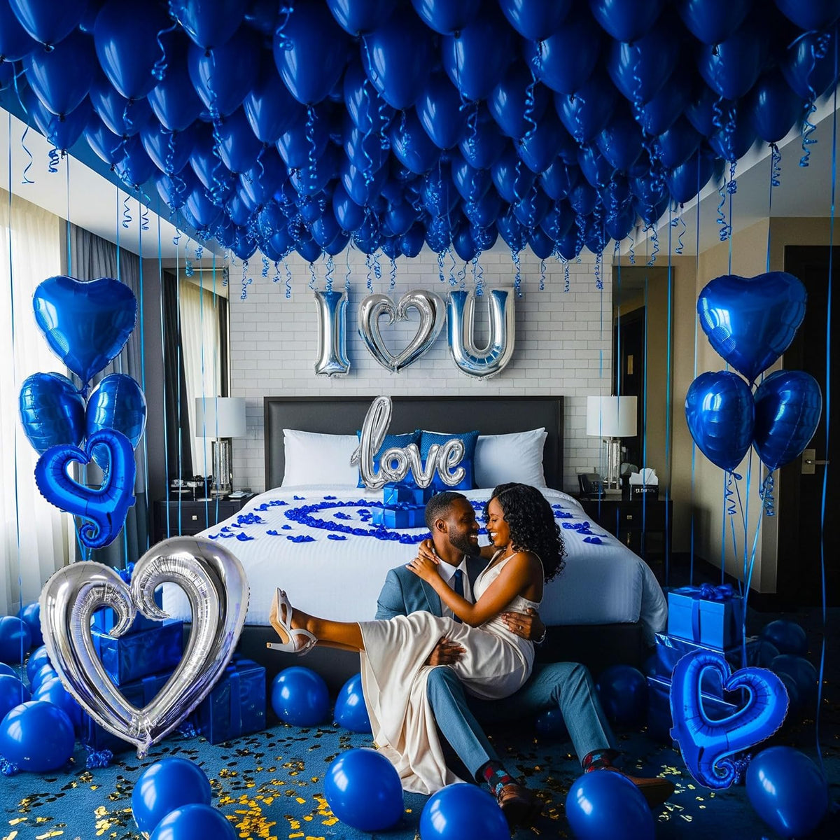 I Love You Balloons for Him/Her Balloons Royal Blue Sliver romantic balloon kit with blue heart