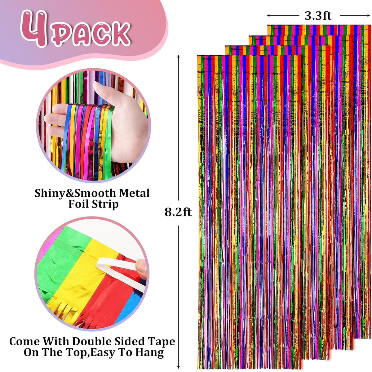 4 Pack 3.3x8.2 Feet Rainbow Foil Fringe Backdrop Curtains, Tinsel Streamers Birthday Party