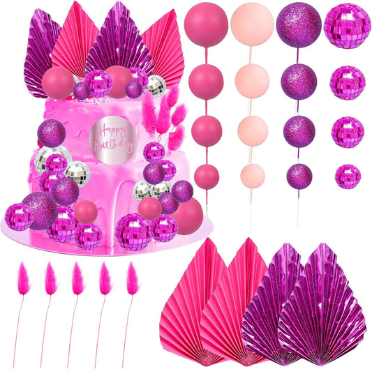 Ephlyn 33 Pack Balls Cake Toppers Boho Palm Leaves Cake Decorations Round Acrylic Happy Birthday
