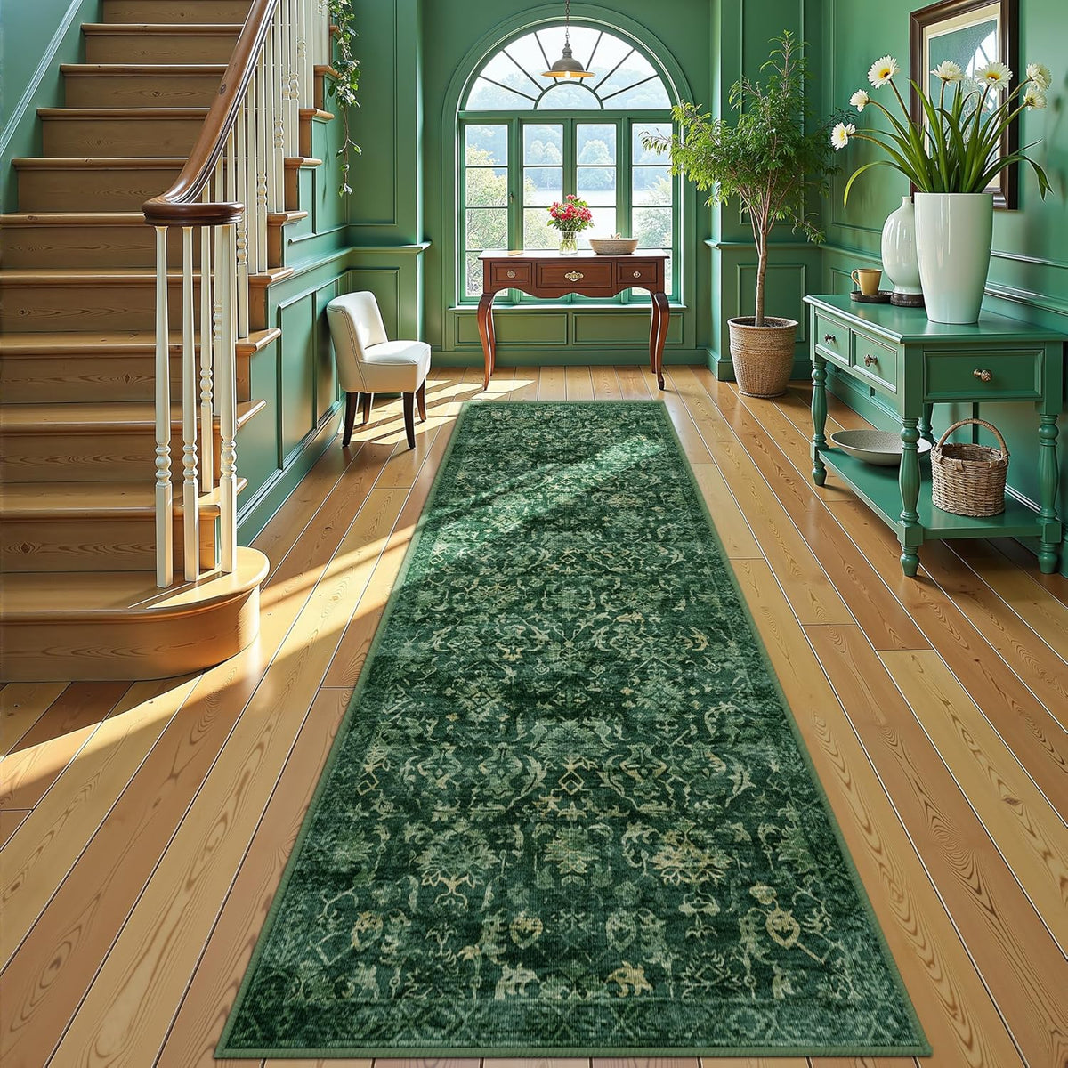 Dark Green 3x10 Runner Rug for Hallways Bed Side Kitchen, Boho Washable Distressed Low-Pile Floor