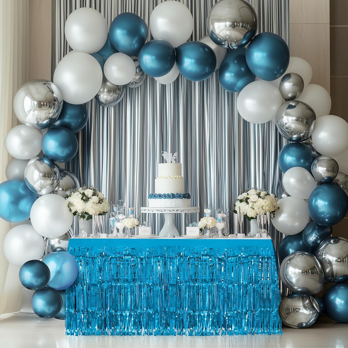 1 Pack Lake Blue Table Skirts, 29x108" Metallic Foil Tinsel Fringe Table Skirts for Rectangle