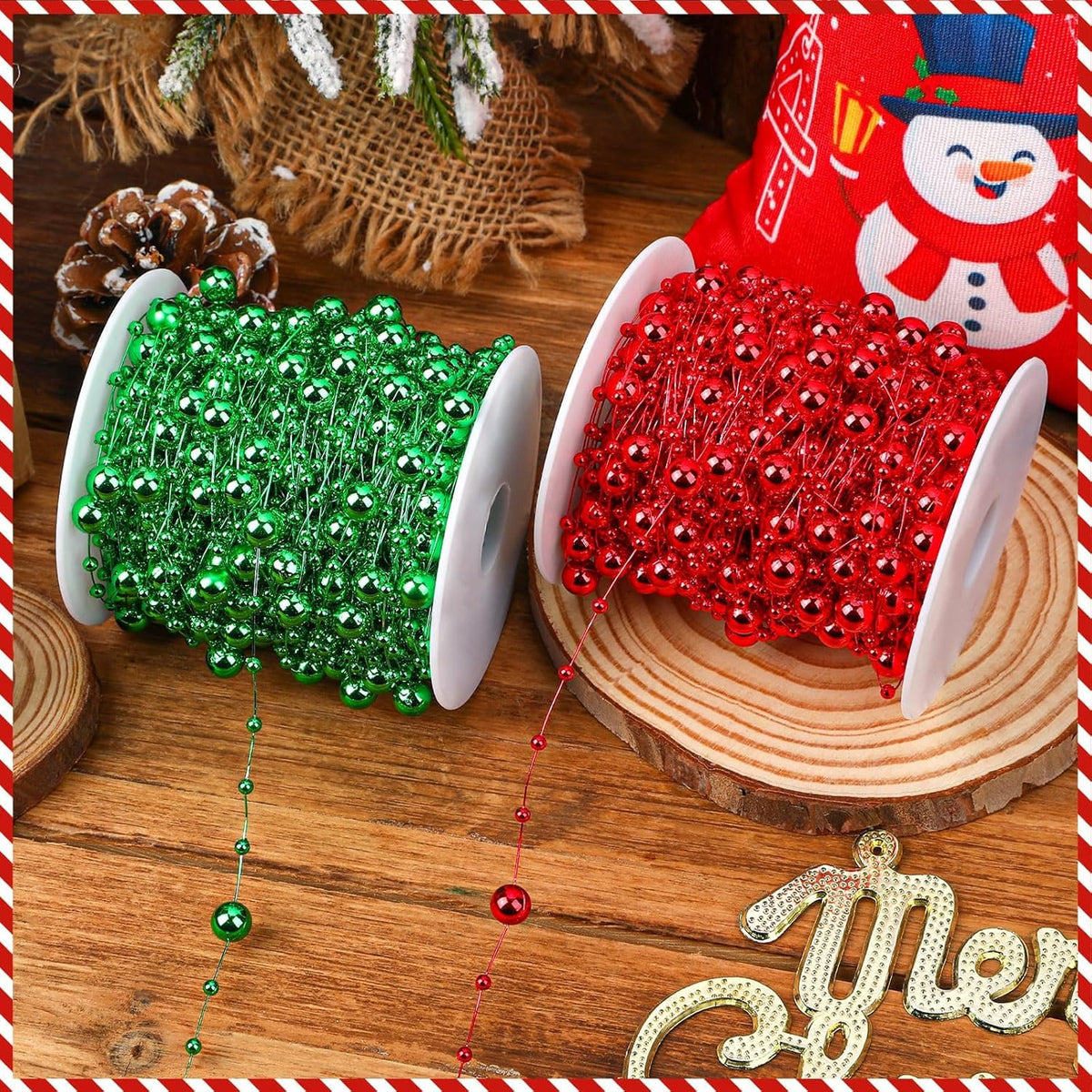JULBEAR Beads Garland Decoration, 1Rolls 131Feet Red Christmas Pearl Strands Chain Bead Garland for