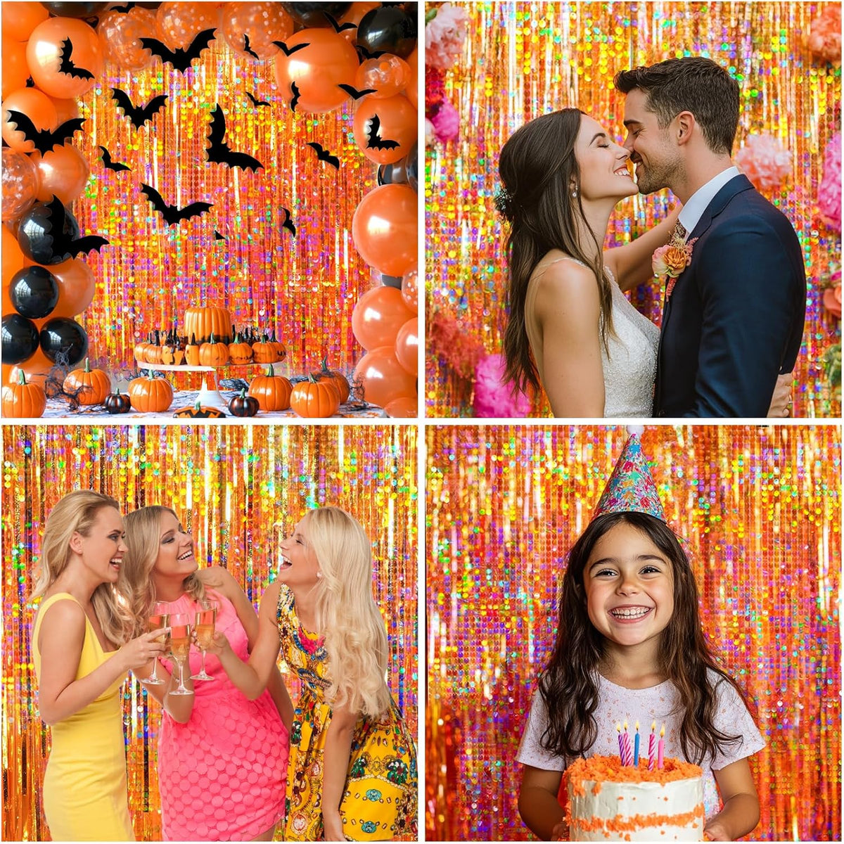 4 Packs Orange Foil Fringe Curtain, Orange Glitter Metallic Tinsel Backdrop for Birthday, Wedding