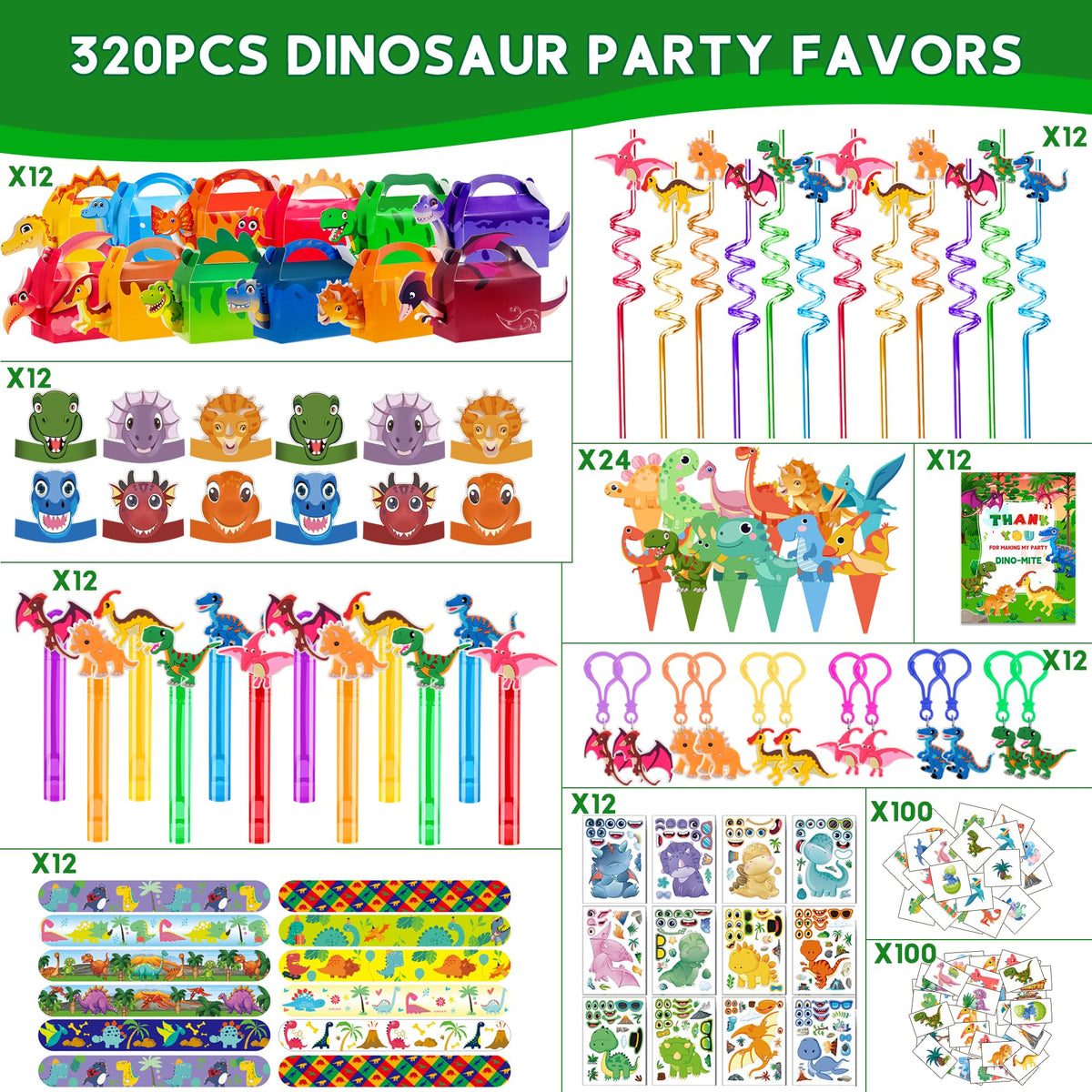 PLOUGVI 320PCS Dinosaur Birthday Party Decorations Favors Supplies, Dino Goodie Bags Fillers