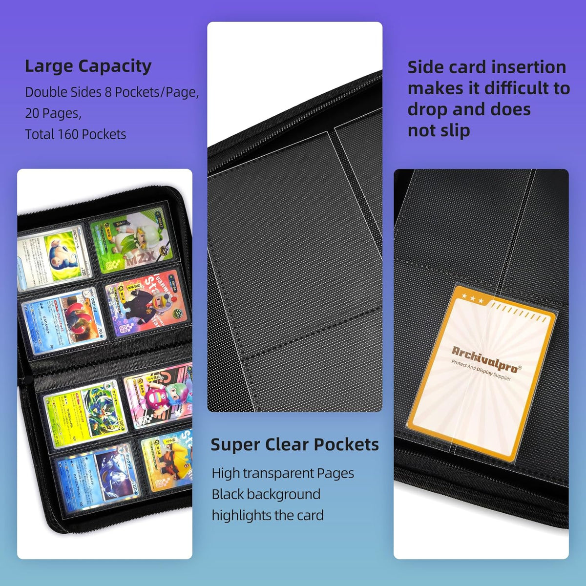 4 Pockets Premium Card Binder 160 Cards Trading Card Binders No Ring Card Storage Display Album(4