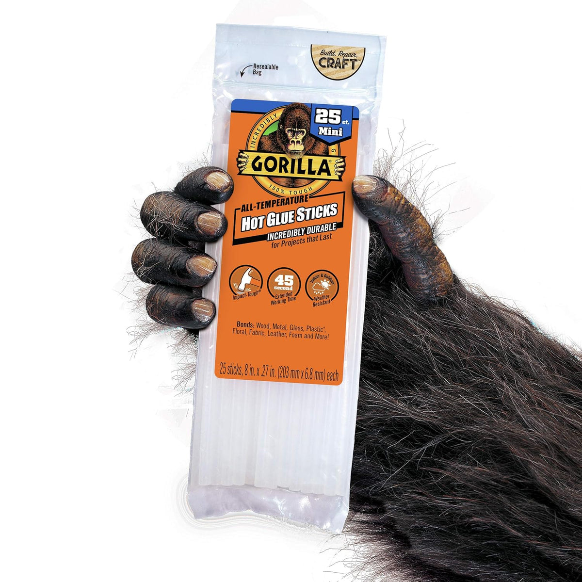 Gorilla Hot Glue Sticks, Clear Glue, Mini Size 8" Long x 0.27" Diameter, 25 Count (Pack of 1)